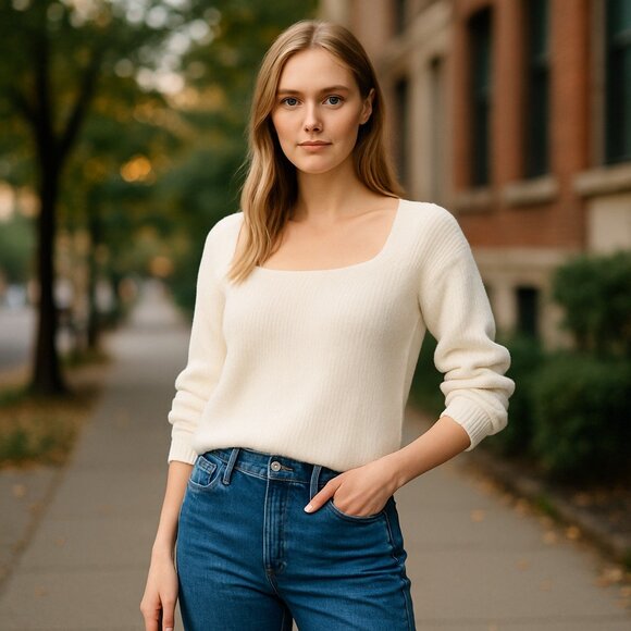 NWT Madewell Melwood Square-Neck Sweater in Coziest Yarn Cream Wool - Picture 1 of 8